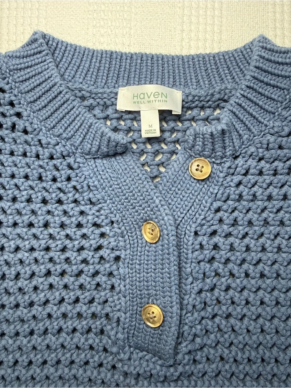 Haven Well Within Blue Knot Stitch Short Sleeve Henley Sweater M